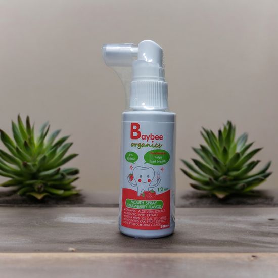 BAYBEE สเปรย์ป้องกันฟันผุสำหรับเด็ก ออร์แกนิค กลิ่นสตรอเบอร์รี่ 50ml. Foodgrade สามารถกลืนได้ สำหรับเด็ก 1ปีขึ้นไป วันหมดอายุดูในรายละเอียด