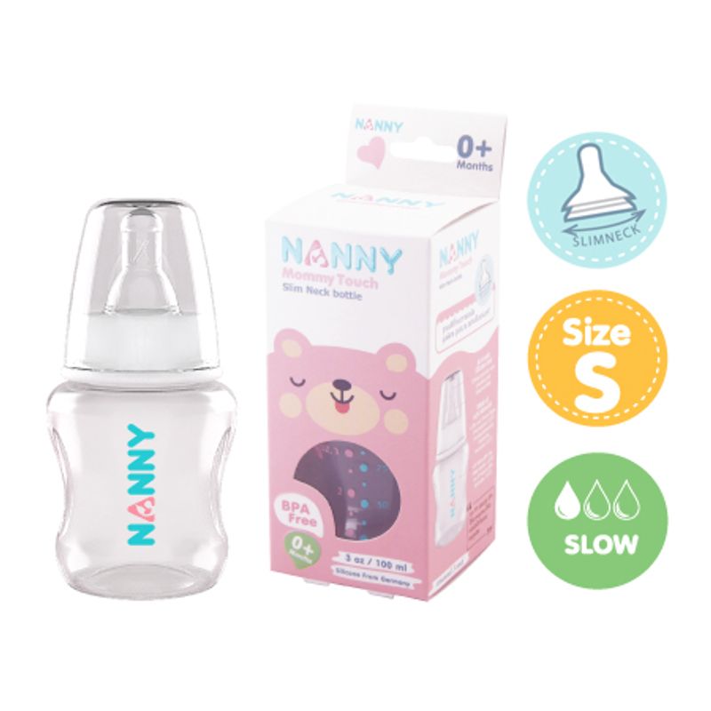 NANNY แนนนี่ ขวดนมรุ่น Slim Neck จุกนมมีระบบวาล์ว  (ขวดPPปลอดสาร BPA)ในชุดประกอบด้วยขวดนม+ฝาครอบปิดจุกนม+จุกนม(พร้อมใช้)