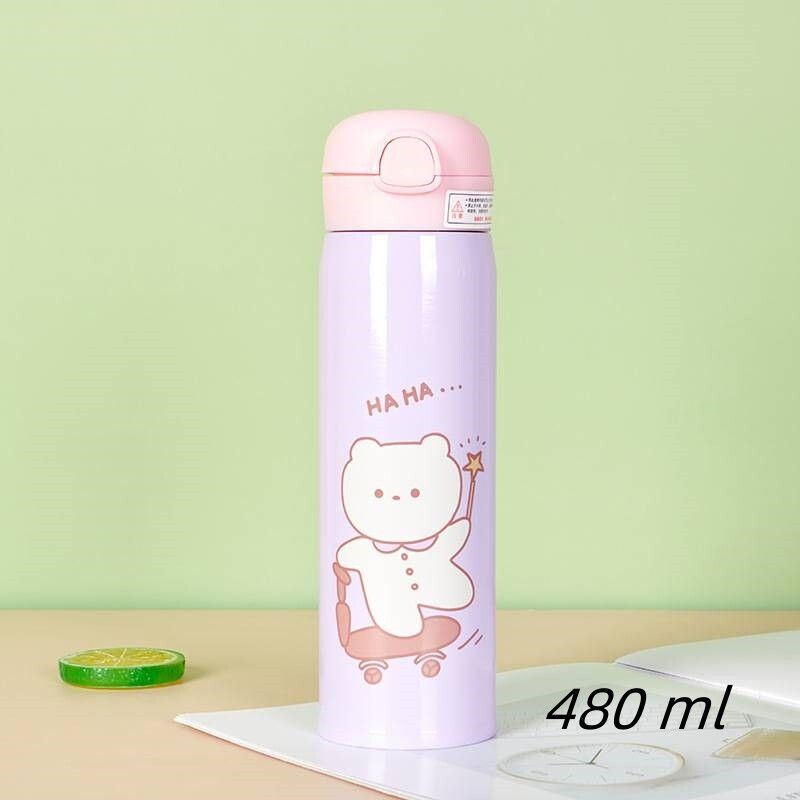 แก้วเก็บอุณหภูมิ กระบอกน้ำ 480ML. แก้วน้ำหัดดูดสำหรับเด็ก สแตนเลส 304 ลายการ์ตูน มีหลอดในตัว