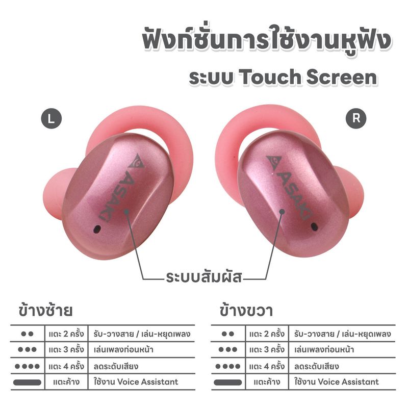 Asaki TRUE WIRELESS หูฟังทรูไวเลท หูฟังไร้สาย หูฟังเอียร์โฟนบลูทูธ พร้อมกล่องชาร์จ  ไมค์ชัด เสียงดี เบสแน่น แบตอึด รุ่น AK-Buds Pro รับประกัน 1 ปี