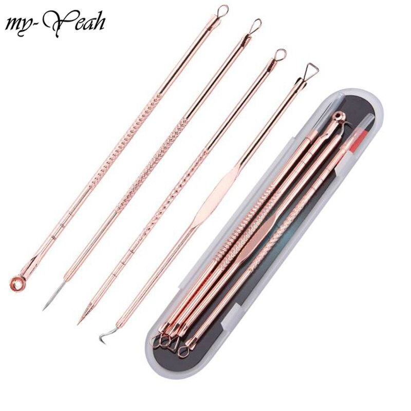 Myyeah 4ชิ้น/เซ็ต Rosegold Double-Ended เข็มสิว Blackhead Spot Comedone Extractor คลิปถอนสิวเครื่องมือบำรุงผิวหน้า