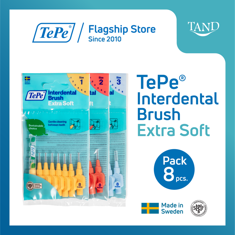 (แพ็ค 8 ชิ้น) TePe® Interdental Brush X-Soft เทเป อินเตอร์เด็นทัล บรัช แปรงซอกฟัน เอ็กซ์ตร้าซอฟท์ ขนนุ่มพิเศษ ขนาดหัวแปรง 1-6 (ISO)