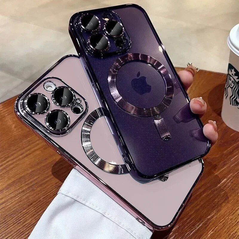 Luxury New Clear Lens Film Magnetic Case For IPhone 15 14 13 12 11 Pro Max XS Max X XR 7 8 Plus Plating Wireless Charging Cover