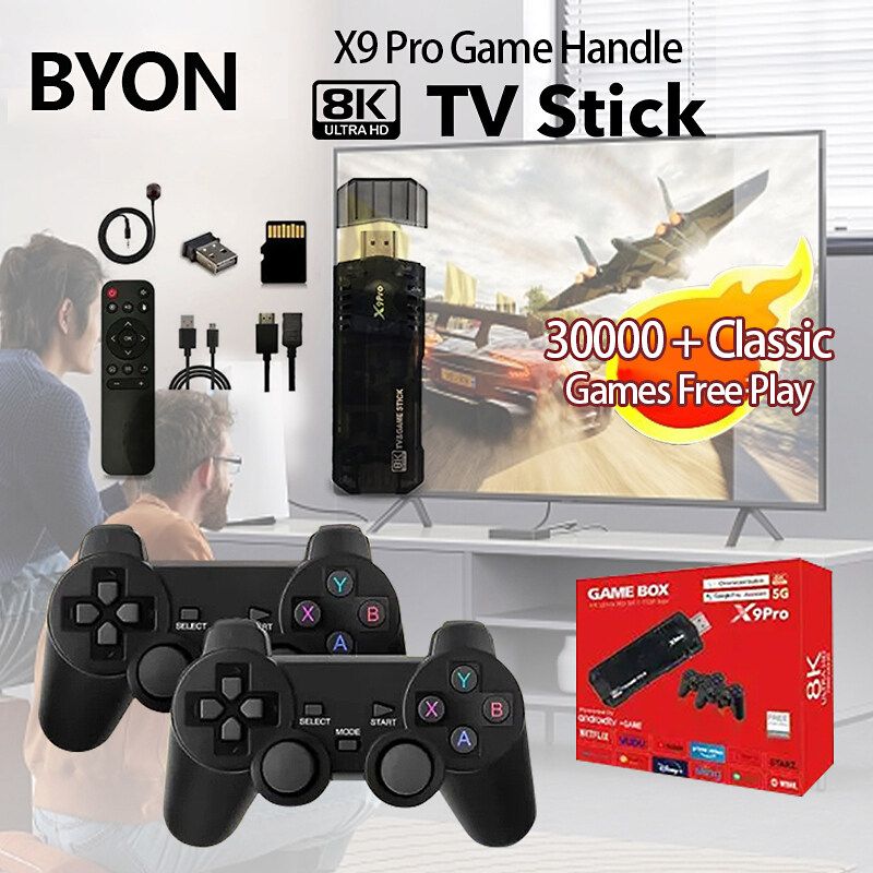 BYON สไตล์ใหม่ X9 Pro Game Stick เครื่องเกม 8K 30000 HDMI 3D Game controller เครื่องเล่นเกมย้อนยุค เกมพกพา และตัวควบคุมไร้สาย 2 ตัว รองรับ ตัวจําลอง สําหรับ Android 12.1 TV Box Dual System WiFi