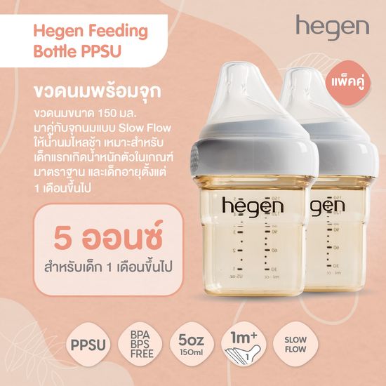 Hegen PCTO Feeding Bottle PPSU 5oz/150ml [2-Pack] ขวดนมพร้อมจุกนม #1 Slow Flow น้ำนมไหลช้า [แพ็ค 2 ชิ้น] รหัส HEG12152205