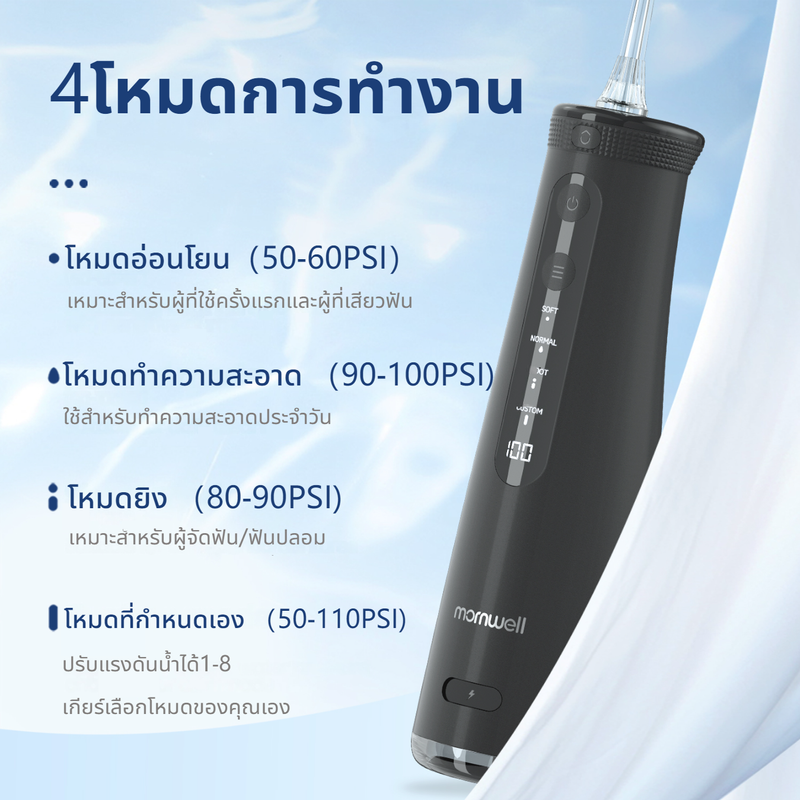 Mornwell F32 Ultrasonic Water Flosser  หมขัดฟันพลังน้ำ แบบพกพา  อัลตราโซนิคไมโครบับเบิ้ล จอLED อัจฉริยะ 4 โหมด สามารถขจัดคราบจุลินทรีย์ทันตกรรมได้