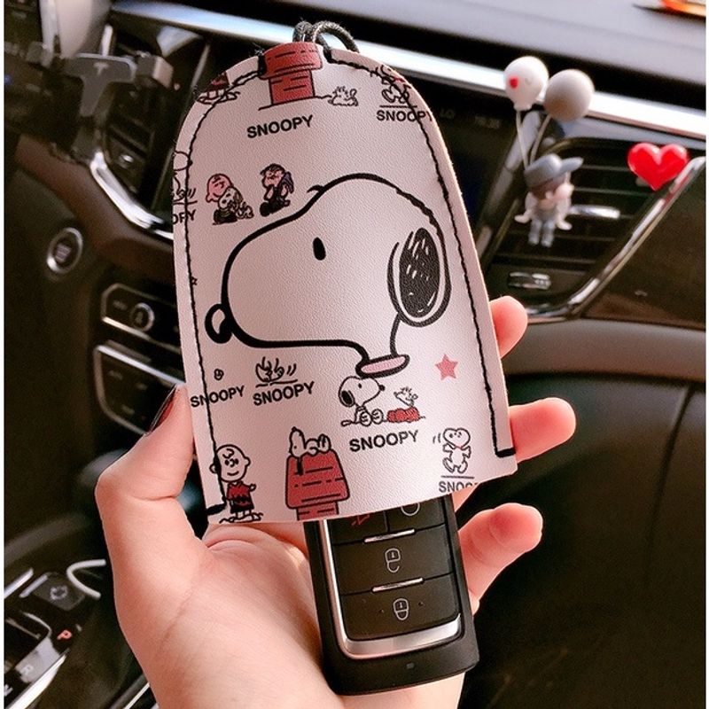 【 Duplex Print 】เคสกุญแจรถยนต์หนัง Pu ลายการ์ตูน Snoopy Mickey Stitch
