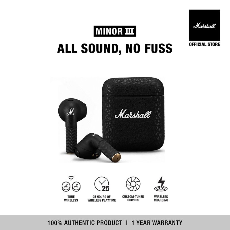 MARSHALL MINOR III BLACK - รับประกัน 1 ปี + ส่งฟรีทั่วไทย (หูฟังบลูทูธ, หูฟังไร้สาย, หูฟัง true wireless, หูฟัง marshall ของแท้, หูฟังเบสหนัก)