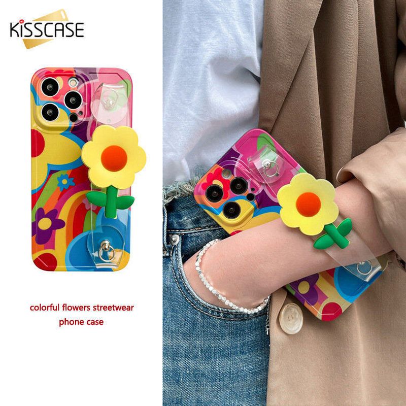 เคสสายรัดข้อมือกรอบ KISSCASE แบบใสลายดอกไม้สำหรับ IPhone 15 14 13 12 11 Pro Max 14 Plus พร้อมเคสกันกระแทกสายพาดลำตัวสำหรับ IPhone 15 Pro Max