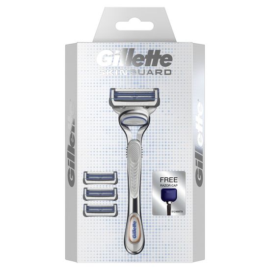 Gillette ยิลเลตต์ สกินการ์ด ด้ามมีดโกน 1 ด้าม และใบมีดโกน 4 ชิ้น แถมฟรีฝาจัดเก็บ (แพ็คสุดคุ้ม)