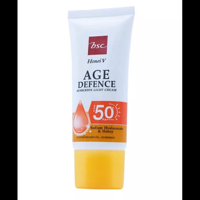 HONEI V BSC AGE DEFENCE SUNSCREEN LIGHT CREAM SPF50+ PA++++ 30 กรัม ครีมกันแดด ผสมน้ำผึ้ง&ไฮยา กันแดดได้...กันแก่ด้วย ครีมกันแดด SPF 50+ PA++++เลือกได้ แบ่งขาย1หลอด หรือ 1กล่องแพคคู่ มี2หลอด