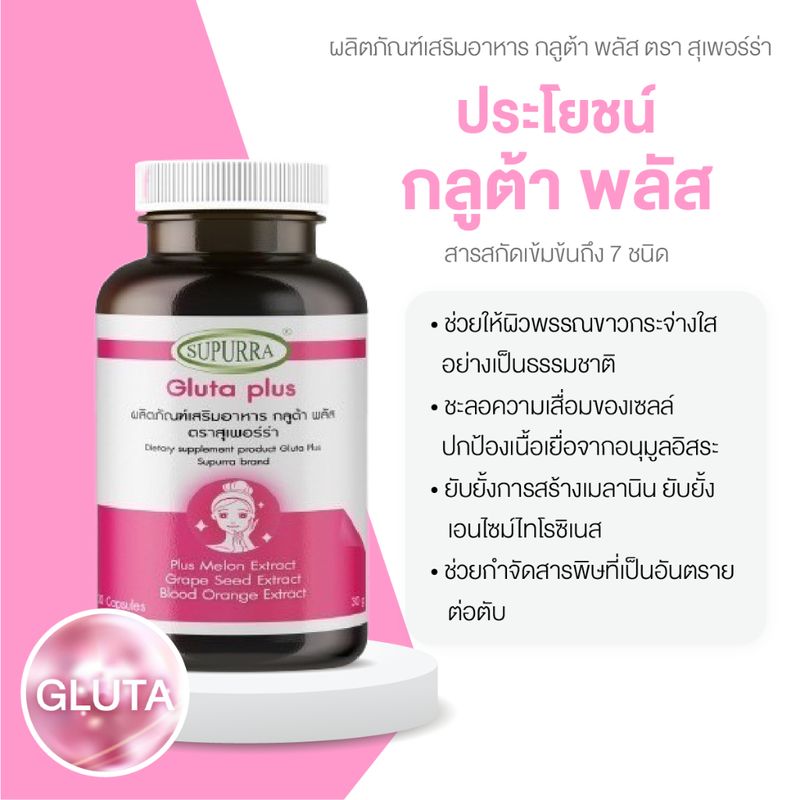 Supurra GlutaPlus+ กลูต้าพลัส 1,000 มก. ผิวลื่น ผิวใส กระจ่าง สวยสมวัย ตราสุเพอร์ร่า [1 กระปุก 30 เเคปซูล]