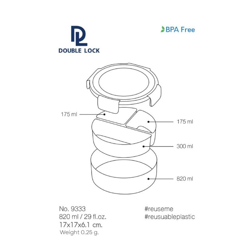 Double Lock กล่องอาหาร กล่องข้าว 3 ช่อง กล่องถนอมอาหาร แบ่งช่อง เข้าไมโครเวฟได้ สีพาสเทล รุ่น 9333 x 3