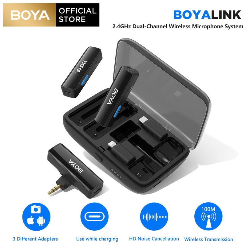 BOYA BOYALINK ไมโครโฟนไร้สายลาวาเลียร์คู่2.4Ghz สำหรับแอนดรอยด์ไอโฟนไอแพดกล้อง DSLR พร้อมอะแดปเตอร์รวมไมโครโฟนติดปกเสื้อลดเสียงรบกวนสำหรับการบันทึกวิดีโอการสัมภาษณ์การสตรีมสด100เมตร