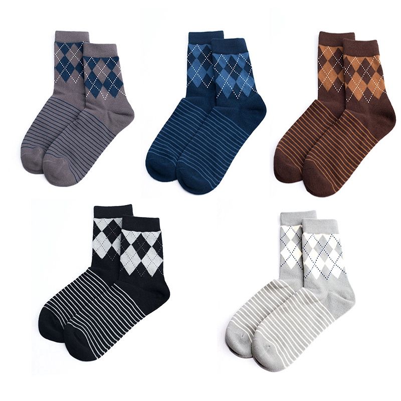 Retro Rhombus Men's Crew Socks Fashion Cotton Male Work Business Socks Patchwork Casual Hosiery Mid-calf Length