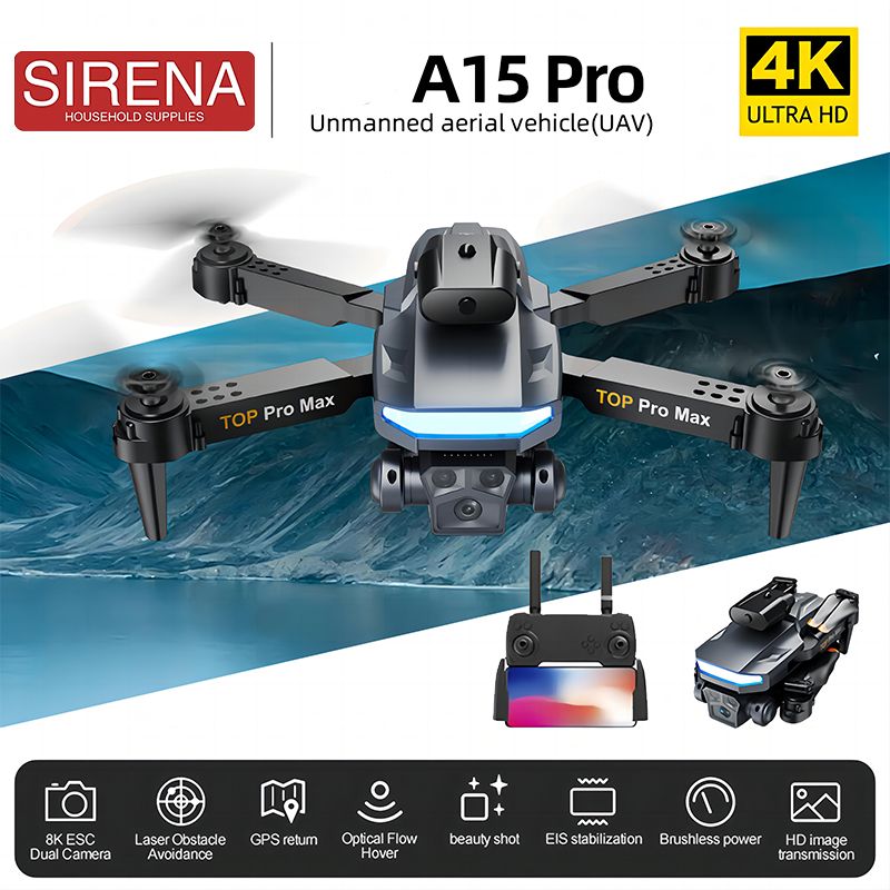 A15 Pro โดรนมินิรีโมทคอนโทรล 4K กล้อง HD สามตัว FPV/WiFi อุปสรรคอัตโนมัติ (Video Transmissions) ปริมาตรเล็ก ๆ ซึ่งพับเก็บได้ Drone มาพร้อมกับไฟ LED