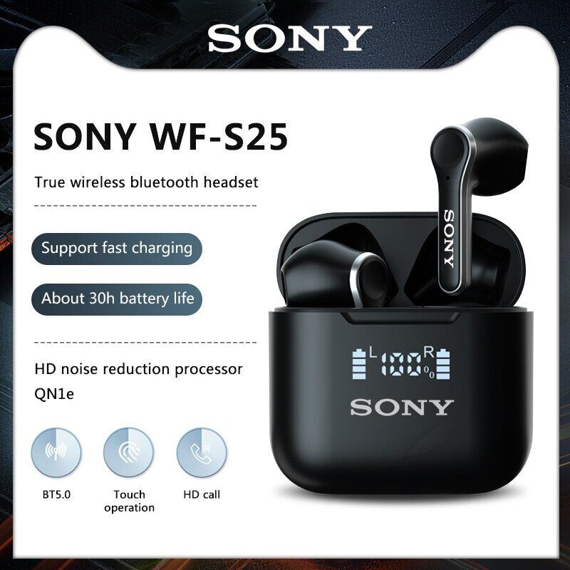 SONY S25 ชุดหูฟังไร้สาย True Bluetooth V5.0 หูฟังอินเอียร์กีฬาไฮไฟสเตอริโอพร้อมกล่องชาร์จ