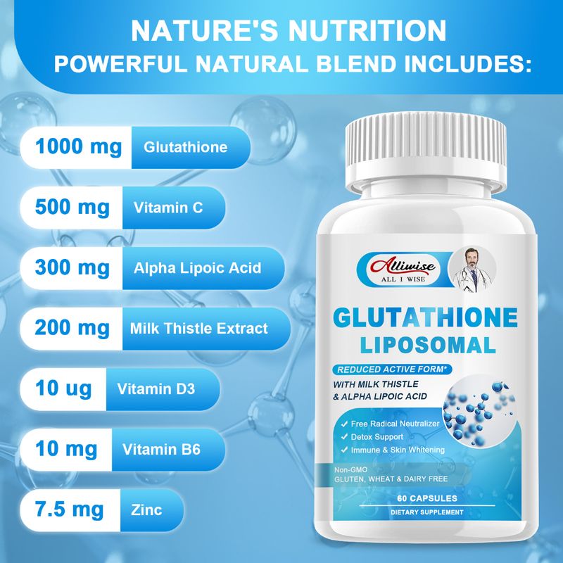 Alliwise liposomal กลูตาไธโอนผสมนม แคปซูลผิวขาว กระจ่างใส ต่อต้านริ้วรอย ต่อต้านออกซิเดชั่น เสริมสุขภาพ