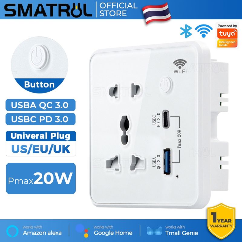 Smatrul Tuya ซ็อกเก็ตอัจฉริยะ Wifi ปลั๊ก Type C ชาร์จเร็ว 3.0 Usb ตั้งเวลา กระจกนิรภัยไฟฟ้า แอพ Smart Life