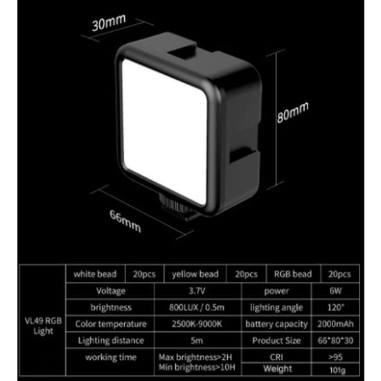 Ulanzi รุ่น VL-49 RGB VL49 Mini RGB LED Video Light 2000mAh ไฟแฟลช ไฟติดกล้อง ไฟกล้อง เปลี่ยนสีและปรับระดับความสว่างได้