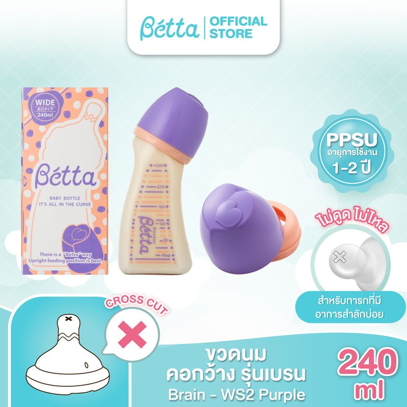 Dr.Bétta Baby Bottle Brain Wide Neck WS2 - 4 Colors 240ml (PPSU) ขวดนมคอกว้าง บรรจุพร้อมจุกนม Brain Cross Cut (รูจุกกากบาท แบบไม่ดูดไม่ไหล ลดอาการสำลักน้ำนม)