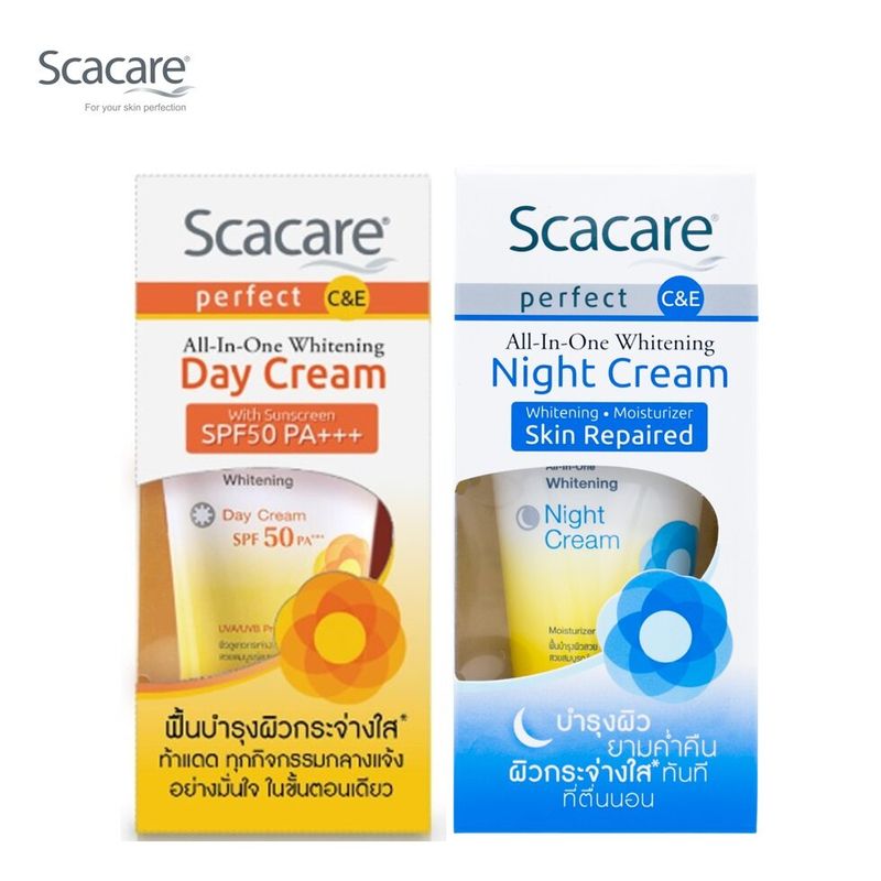 Scacare สกาแคร์ เพอร์เฟ็คท์ ไวท์เทนนิ่ง เดย์ครีม&ไนท์ครีม 30 กรัม (ครีมบำรุงหน้ากลางวันและกลางคืน ครีมกันแดด Day Cream Night Cream)