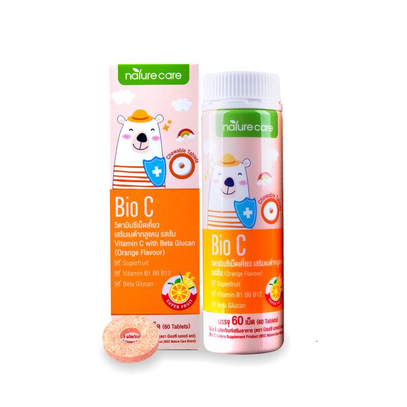 BSC Nature Care Bio C ไบโอซี วิตามินซีเคี้ยวรสส้ม สำหรับเด็ก 1ขวด/60เม็ด