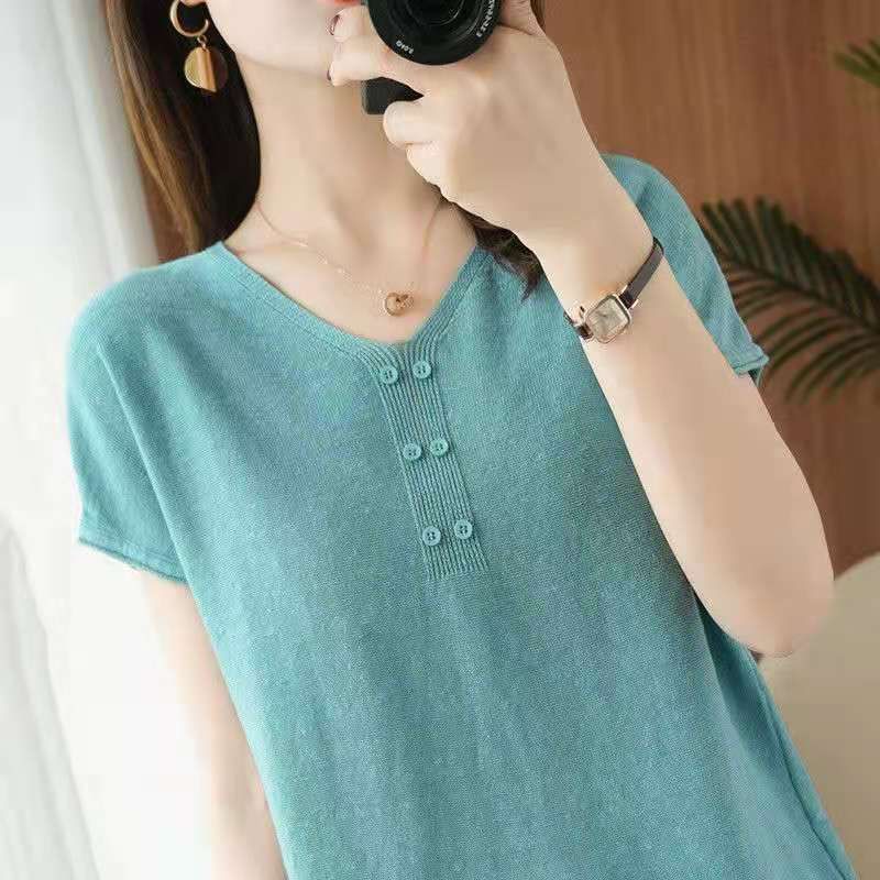 Womens Fashion Ice Silk V-Neck Knitted T-shirt Slimming Solid Color Button Knitted Short Sleeve Fashion