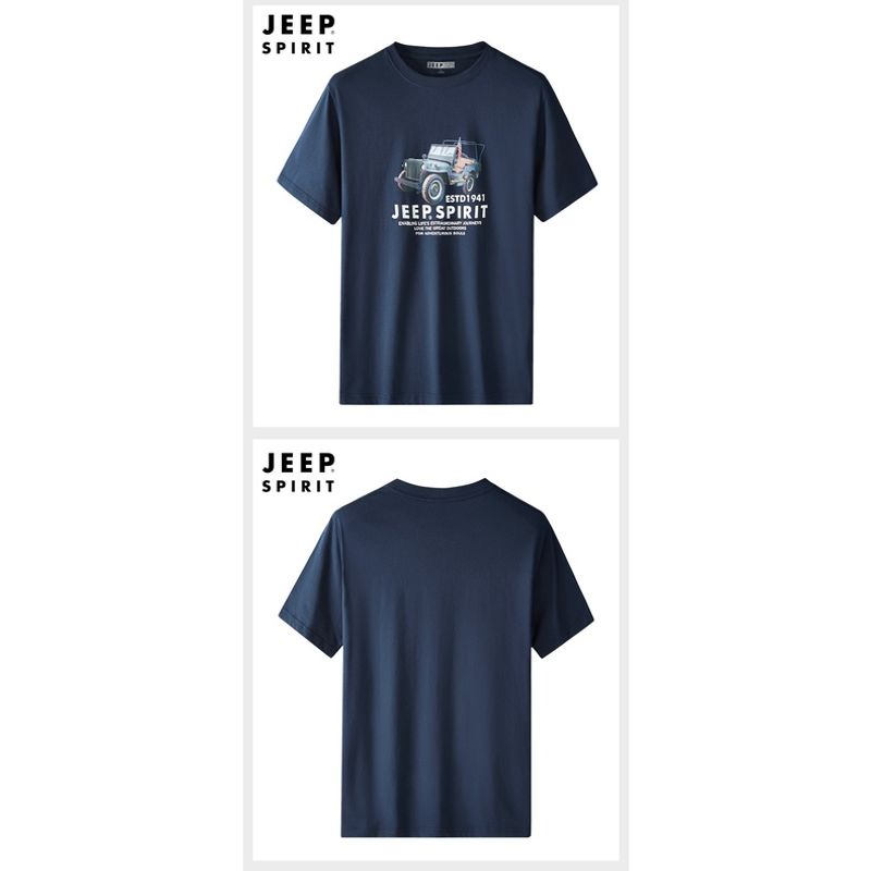 H JEEP \ Jeep 2021 ฤดูร้อนใหม่แขนสั้นเสื้อยืดผู้ชายครึ่งแขนรอบคอด้านบนเสื้อผ้าสีทึบหลวมกีฬาความเห็นอกเห็นใจ เสื้อยืดคอกลมผ้าฝ้าย