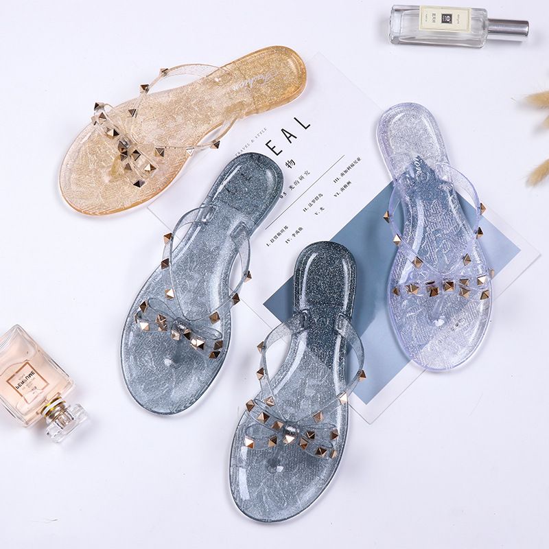 ใหม่ Rivet Bow Flip Flops ฤดูร้อนส้ม Go Out Beach รองเท้าแตะสลิปเปอร์คริสตัลแบบเจลลี่รองเท้า