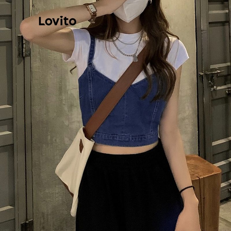 Lovito เสื้อยีนส์ผู้หญิง แบบผูกเชือก สีพื้น สไตล์ลำลอง LNE27230 (สีน้ำเงิน)