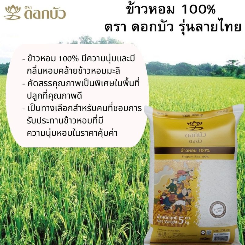 เก็บโค้ดโคดคุ้ม10%-15%(ส่งฟรี) ข้าวตราดอกบัว ข้าวหอม 100% 5 กก.Pack 4 ถุง