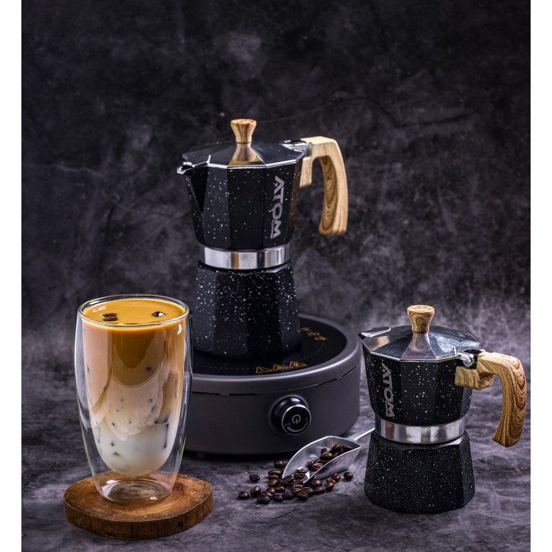 Moka Pot ATOM COFFEE Premier อลูมิเนียม  ขนาด 3 และ 6 Cup คุณภาพเดียวกับของอิตาลี กล้าท้าชน (ด้ามจับเป็นพลาสติกลายไม้)