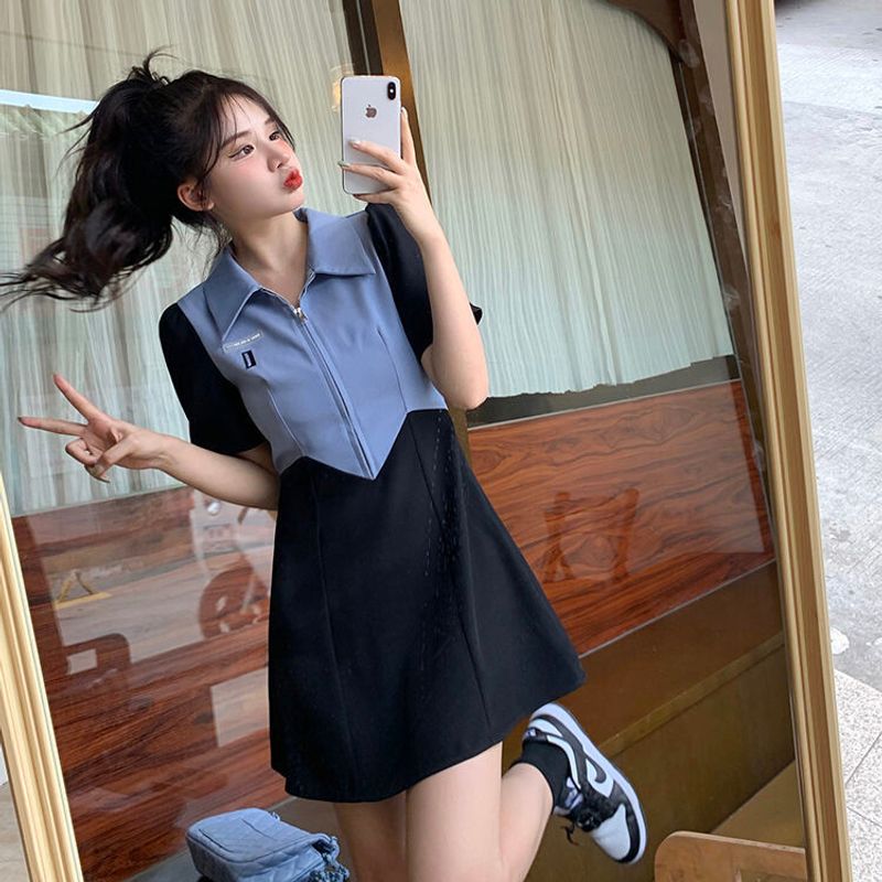 NICK Dress Women POLO Collar Contrast Color Design Slit New Slim Dress High Waist Long And Short Black Casual Green Sweet Blue Fashion Student Daily Date