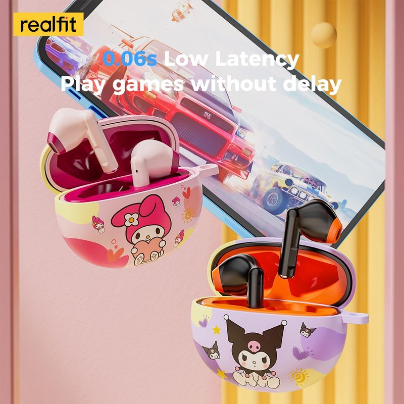 Realfit F2 หูฟังบลูทูธไร้สาย พร้อมเคส ลายการ์ตูน ขนาดเล็ก พร้อมไมโครโฟน รองรับการโทร วิดีโอ