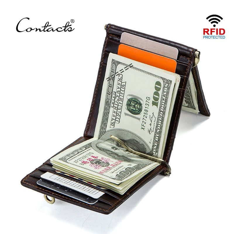 CONTACT'S Crazy Horse Cowhide หนังเงิน RFID คลิปสลิมบัตร Wallet Holder Trifold ชายเงินสดหนีบผู้ชายเงินสดซิปเหรียญท่องเที่ยว