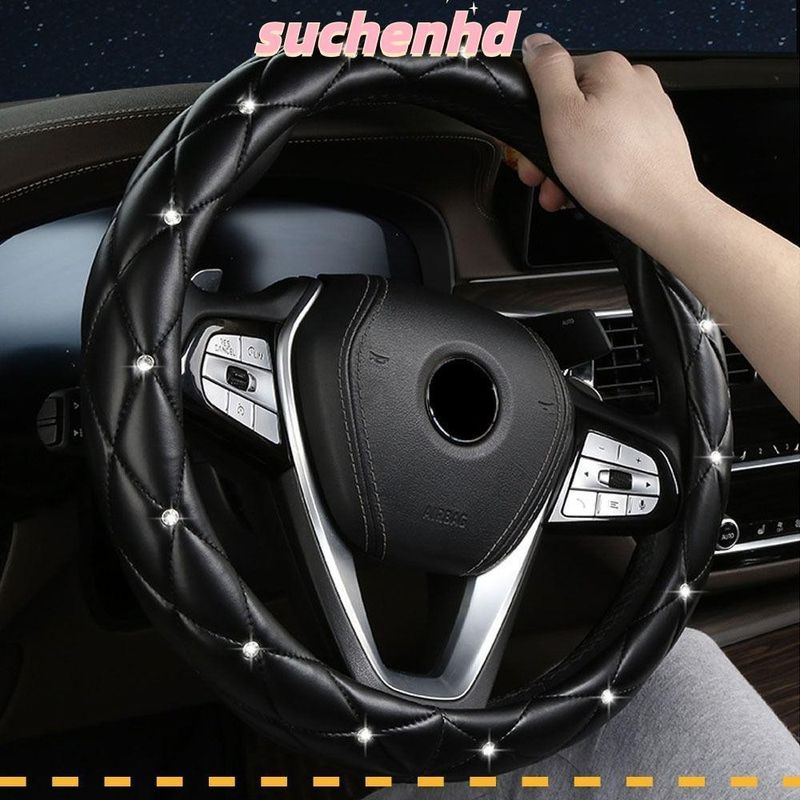 SUCHENHD ปลอกหุ้มพวงมาลัยรถยนต์ หนัง PU ประดับเพชร สีดํา สีชมพู