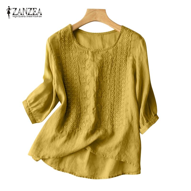 Zanzea เสื้อเบลาส์ คอกลม แขนพัฟ 3/4 ผ้าฝ้าย ผ้าลินิน สําหรับผู้หญิง