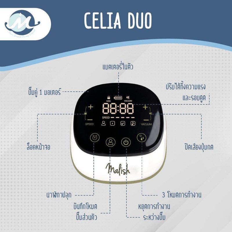 MALISH (มาริส) Celia Duo เครื่องปั๊มนมไฟฟ้ารุ่นซีเรีย มาพร้อมกรวยซิลิโคนแบบ 3D