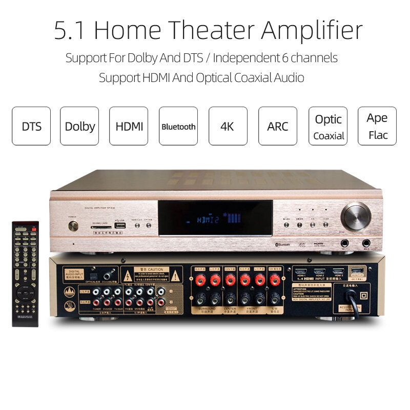 5.1โฮมเธียเตอร์เครื่องขยายเสียง HDMI ARC HD 4K3D AV รับสนับสนุน Dolby และ DTSอิสระ6ช่องสมาร์ททีวีกล่องทีวีออปติก Coaxial บลูทูธUSBระบบลำโพงเสียงดิจิตอล