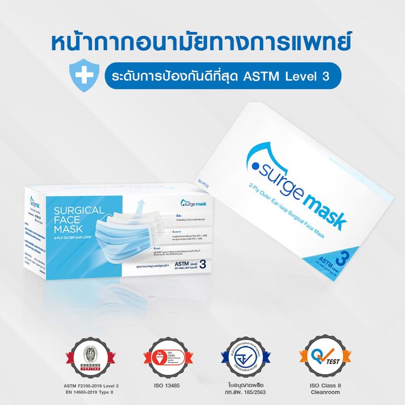 Surgemask มาตรฐาน ASTM Level 3 หนา 3 ชั้น กรองได้ดีที่สุด กรองฝุ่น แบคทีเรีย และ ไวรัส*แบบกล่อง