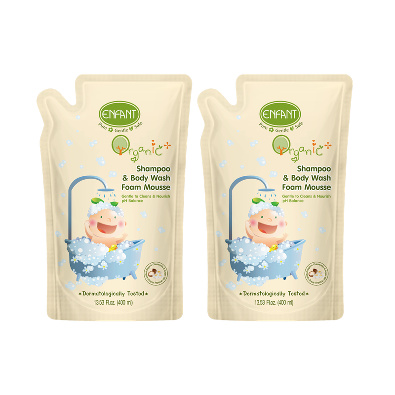 ENFANT (อองฟองต์) Organic Plus Shampoo & Body Wash Foam Mousse Refill อาบสระปั๊มโฟมเนื้อมูส ชนิดถุงเติม 400 ml. เซ็ตสุดคุ้ม 1ถุงแถม1ถุง