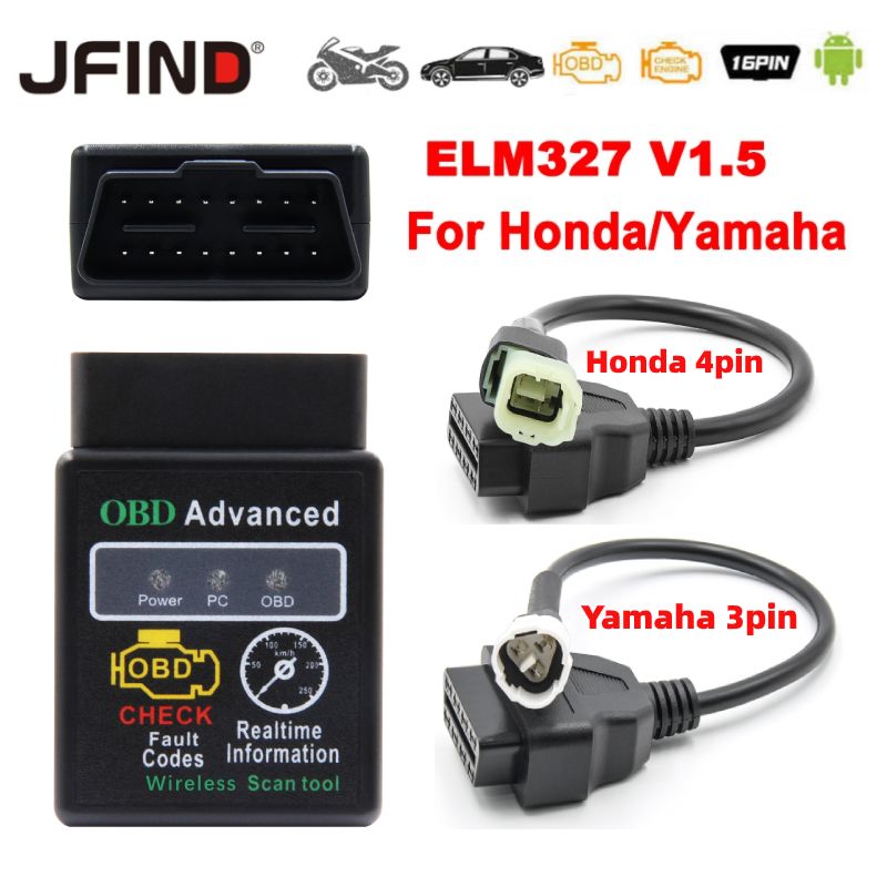 【สินค้าคงคลังท้องถิ่น】Elm327 V1.5 เครื่องสแกนเนอร์อ่านโค้ด บลูทูธ สําหรับรถจักรยานยนต์ Honda Click 4pin Yamaha y15 3pin To 16pin OBD2 ELM 327 OBD 2