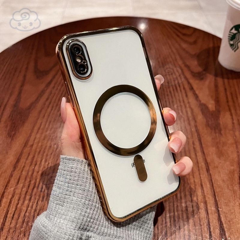 Casing Magnetik การชุบคุณภาพสูงสำหรับ iPhone X XR XS Max 7 8 Plus 11 12 13 14 15 แบบใสพร้อมฟิล์มเลนส์ปกป้องกล้องถุงลมรับแรงกระแทกฝาหลัง