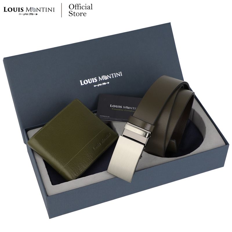 Louis Montini Gift Set Boxset Wallet and Belt ชุดกิ๊ฟเซ็ท กระเป๋าสตางค์ และ เข็มขัดหนังแท้ LM-GS