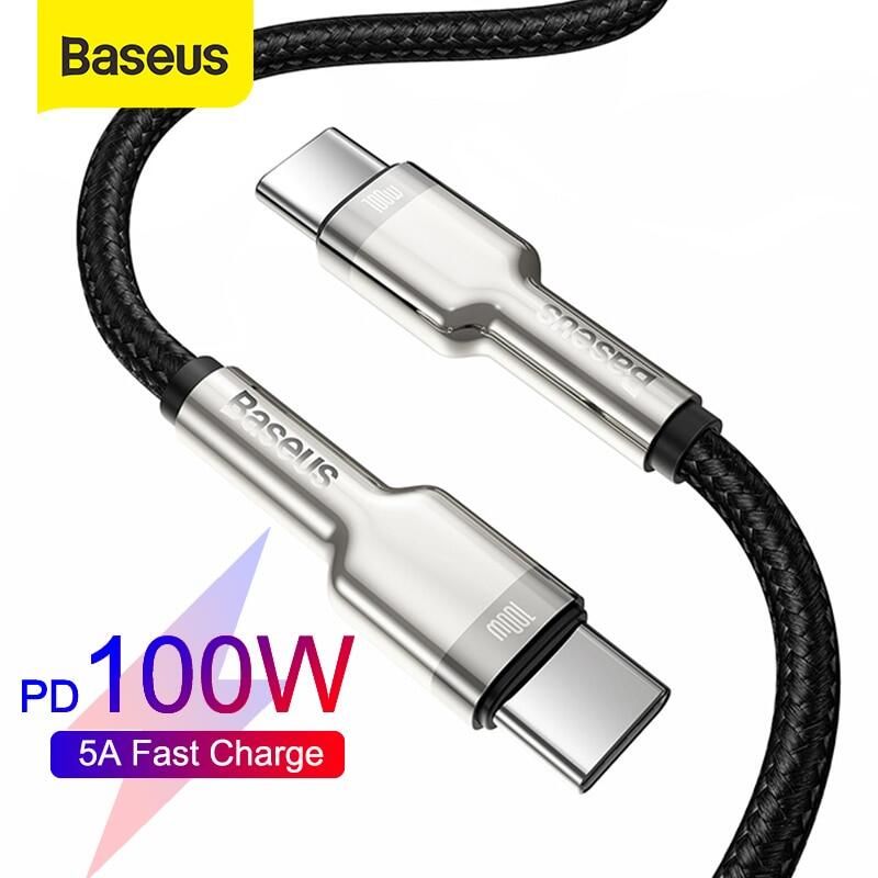 Baseus 1m / 2m โลหะทั้งหมด 100W สาย USB C ถึง USB Type C ชาร์จเร็ว QC 4.0 PD สำหรับ MacBook Pro Xiaomi Redmi Note 8 Pro Samsung S20