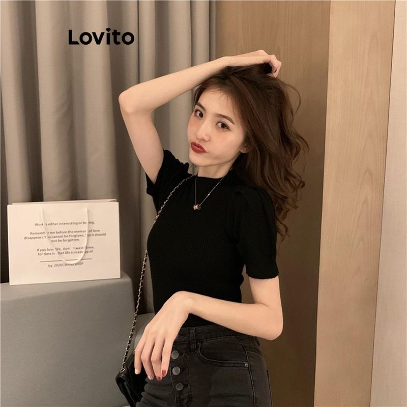 Lovito เสื้อถักผู้หญิง เบสิก สีพื้น สไตล์ลำลอง LNE52072