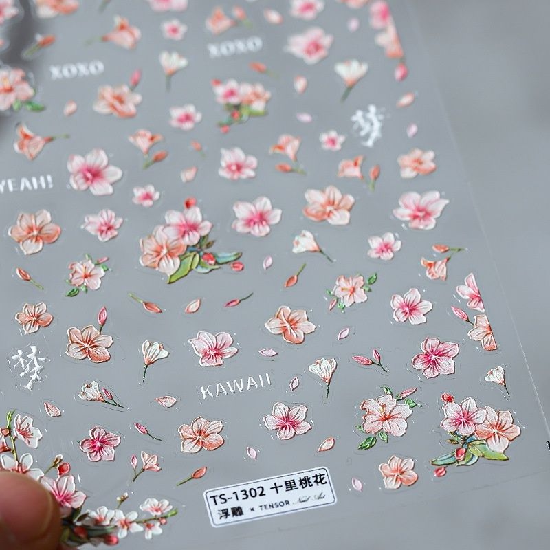 Ten Mile Peach Blossom สติกเกอร์ ลายดอกไม้ 5D ความตึงเครียด สําหรับตกแต่งเล็บ