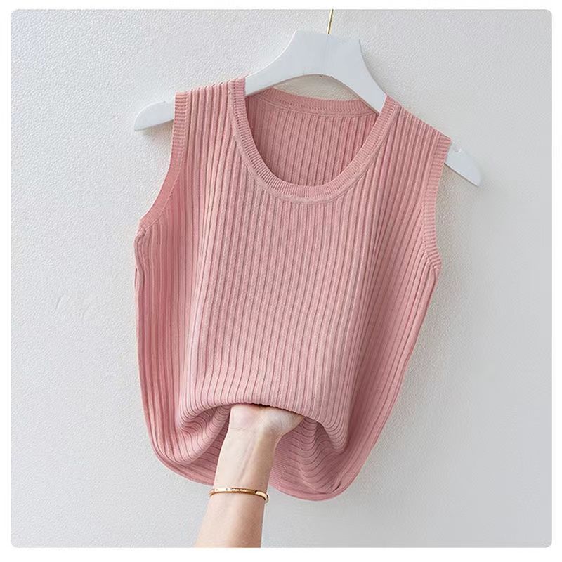 【มีไซส์ใหญ่】Plus Size M-4XL Womens Round Neck Knitted Summer Tanks Casual Slim Stretchable Female Tops Black Pink Camisoles