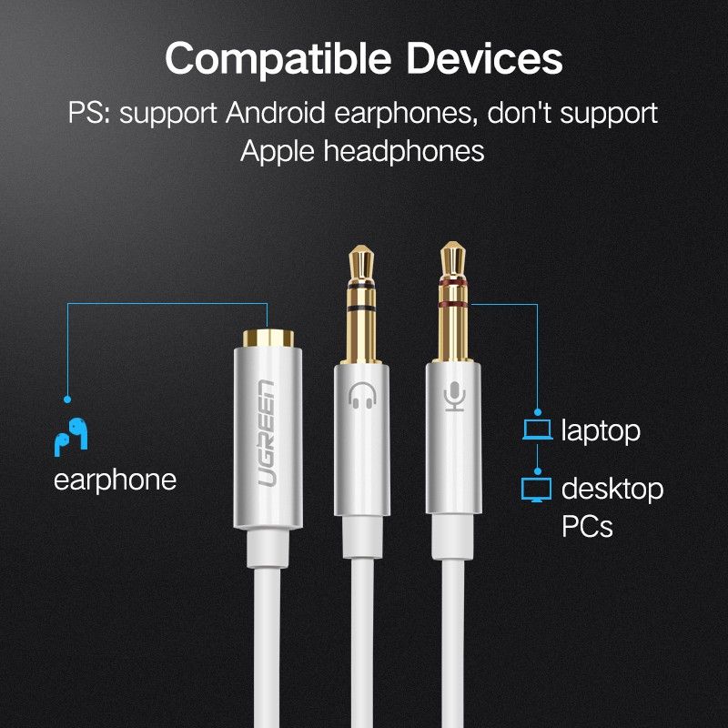 Ugreen สายแยกสัญญาณ ทรงตัว Y  3.5 มม. ตัวเมีย แปลงเป็น 2 ตัวผู้ ยาว 28 ซม. สำหรับหูฟังต่อเข้าคอม